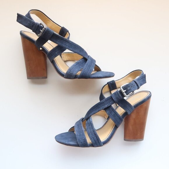 𝅺NEW Splendid Blue Suede Ankle Strap Wooden Heels / Sandals / Shoes in Blue 9.5 - Picture 1 of 16